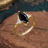 6 Prong Marquise Cut Three Stone Black Onyx Engagement Ring Anniversary Gift for Women